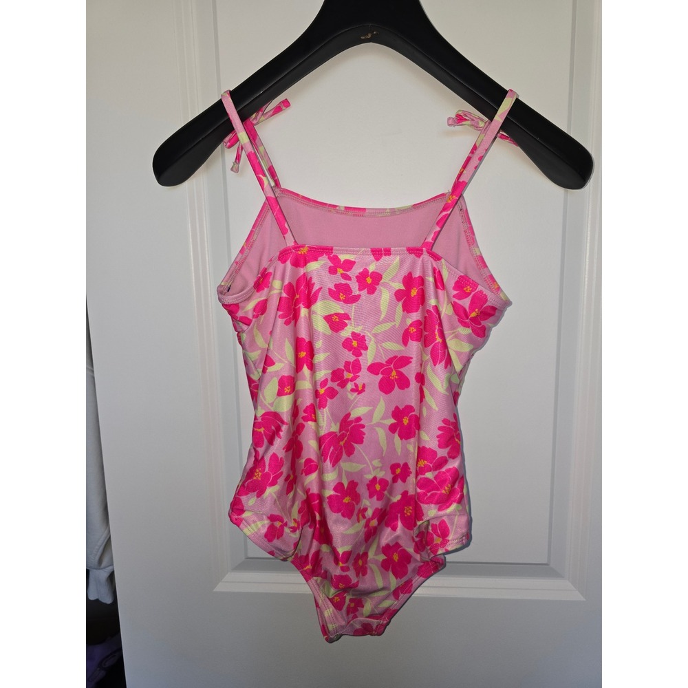 Wonder Nation Girls Pink Floral One Piece Swimsuit Size 10-12 Keyhole Bow Straps - Picture 2 of 3